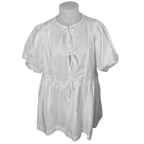 NEW H&M White Short Puff Sleeve Lace Up Crew Neck Mini A Line Dress Size XL - Picture 1 of 4